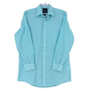 Stafford Men Turquoise Gingham Dress Shirt Fitted Easy Care Broadcloth Size 15.5